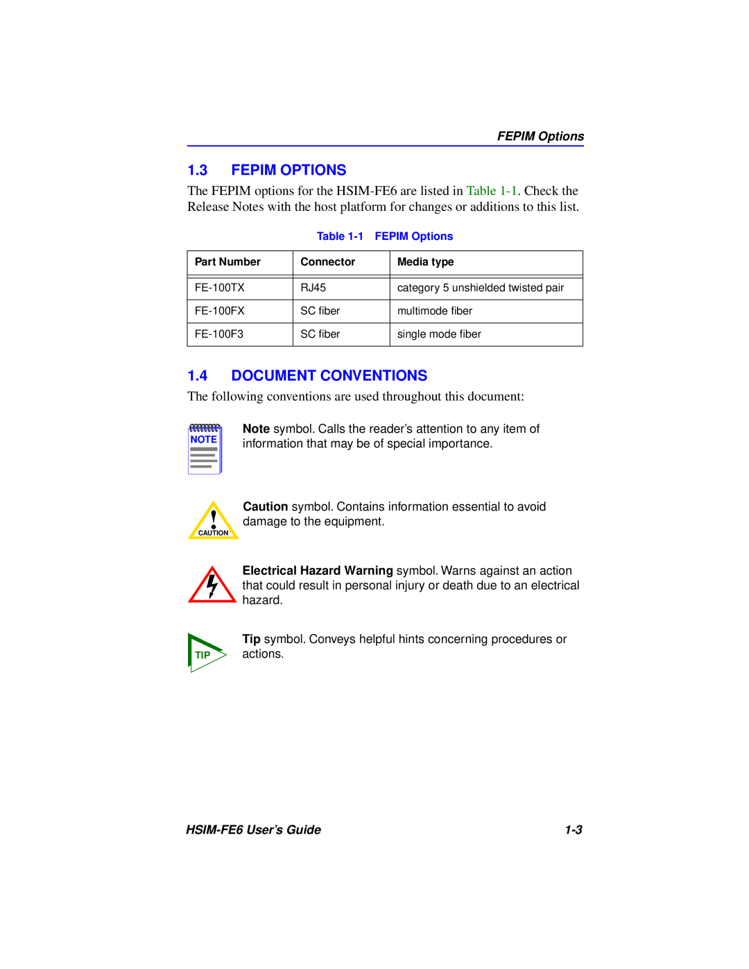 Cabletron Systems HSIM-FE6 manual Fepim Options, Document Conventions 