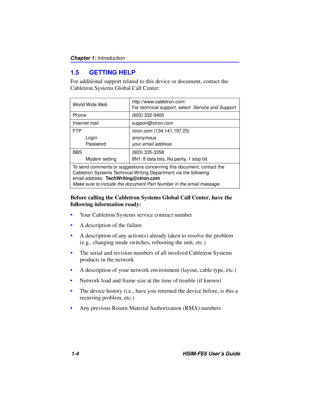 Cabletron Systems HSIM-FE6 manual Getting Help, Your email address 