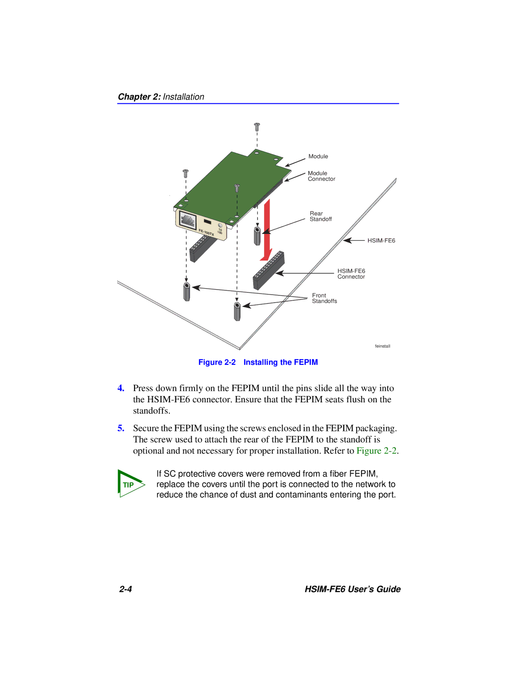 Cabletron Systems HSIM-FE6 manual Installing the Fepim 