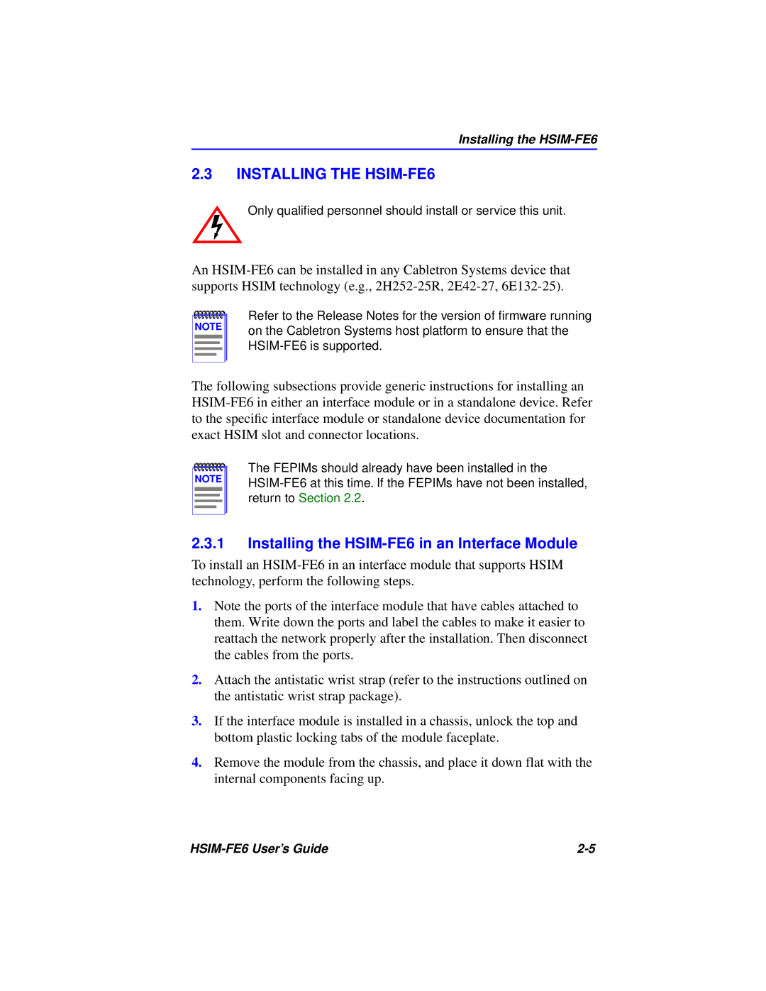 Cabletron Systems manual Installing the HSIM-FE6 in an Interface Module 