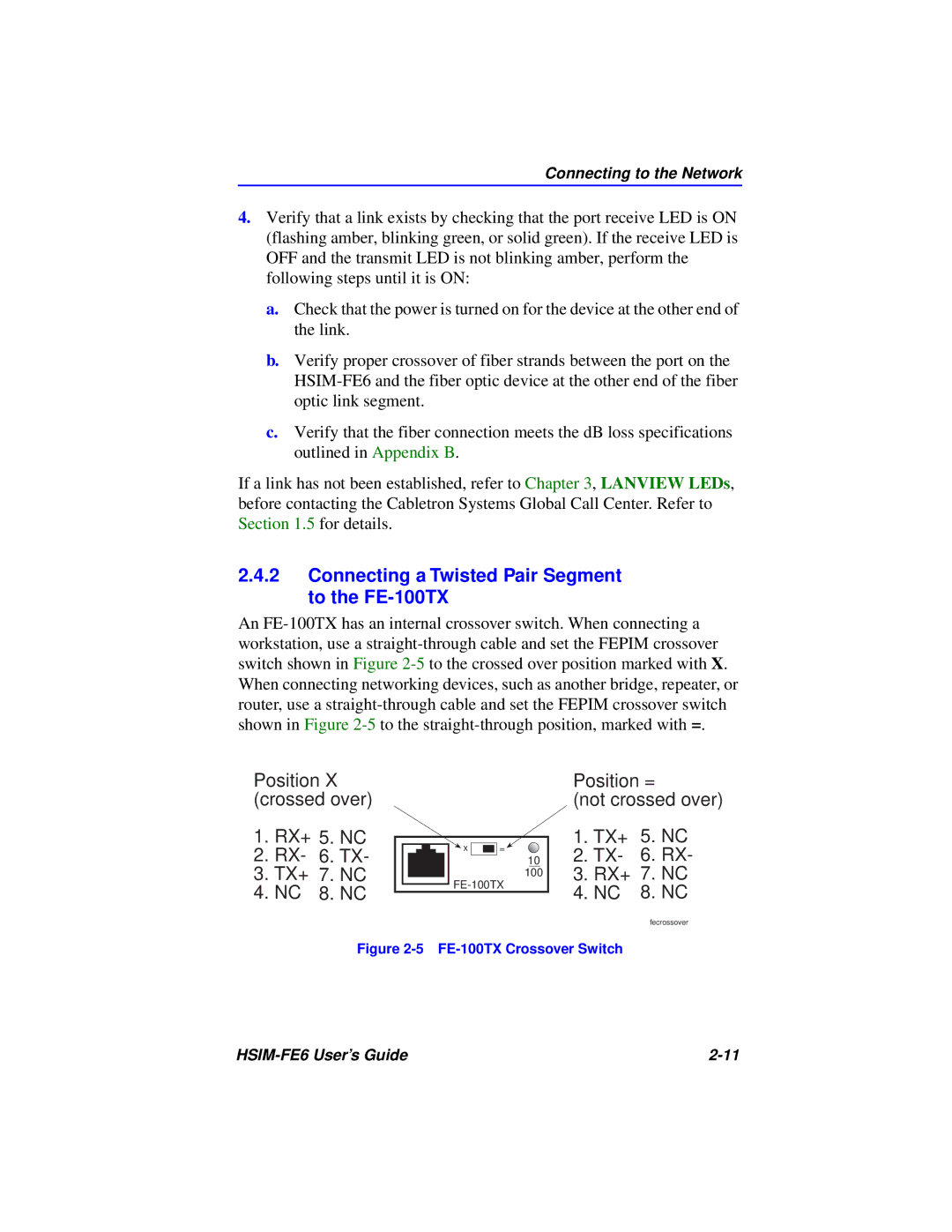 Cabletron Systems HSIM-FE6 manual Connecting a Twisted Pair Segment to the FE-100TX, FE-100TX Crossover Switch 