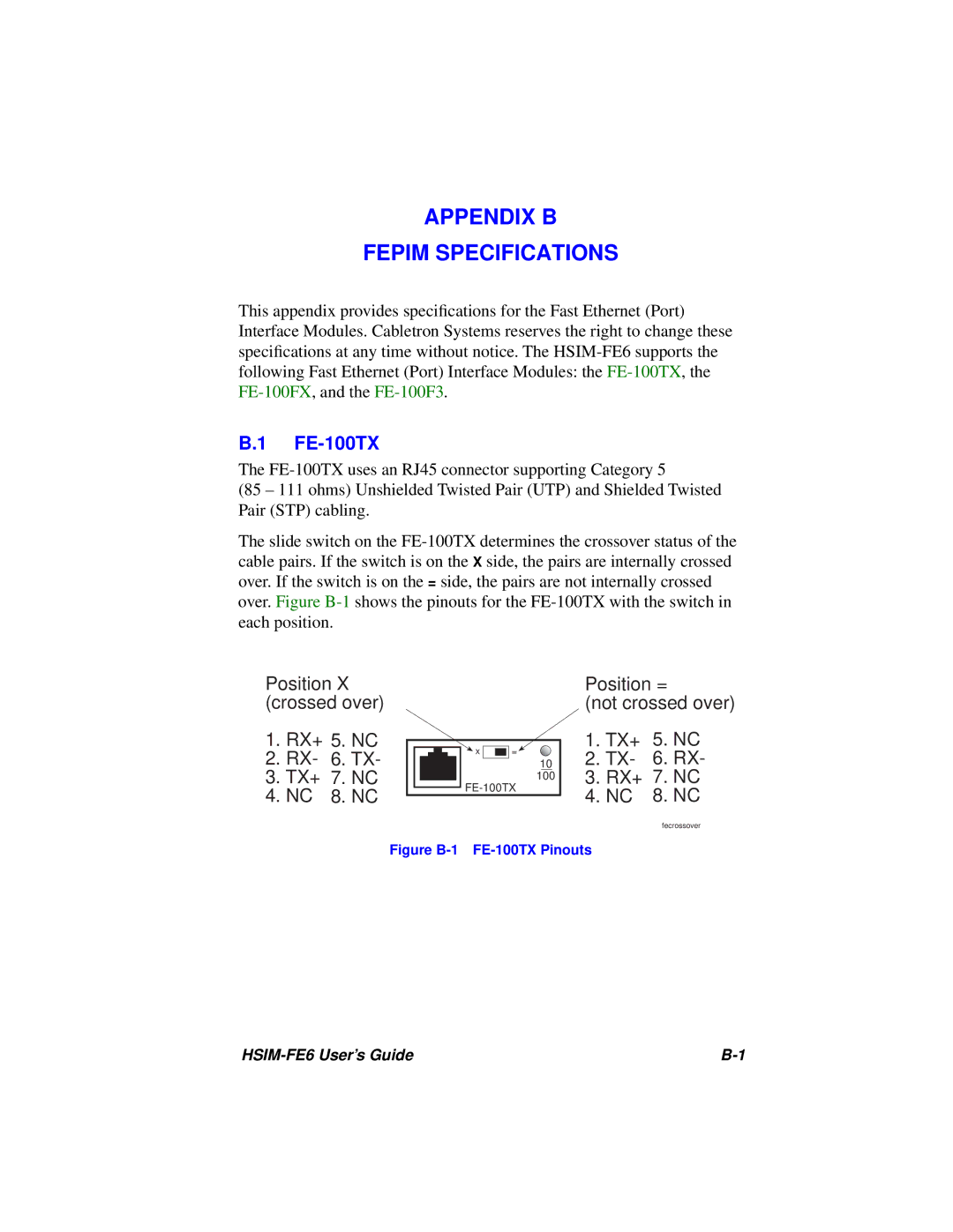 Cabletron Systems HSIM-FE6 manual Appendix B Fepim Specifications, FE-100TX 