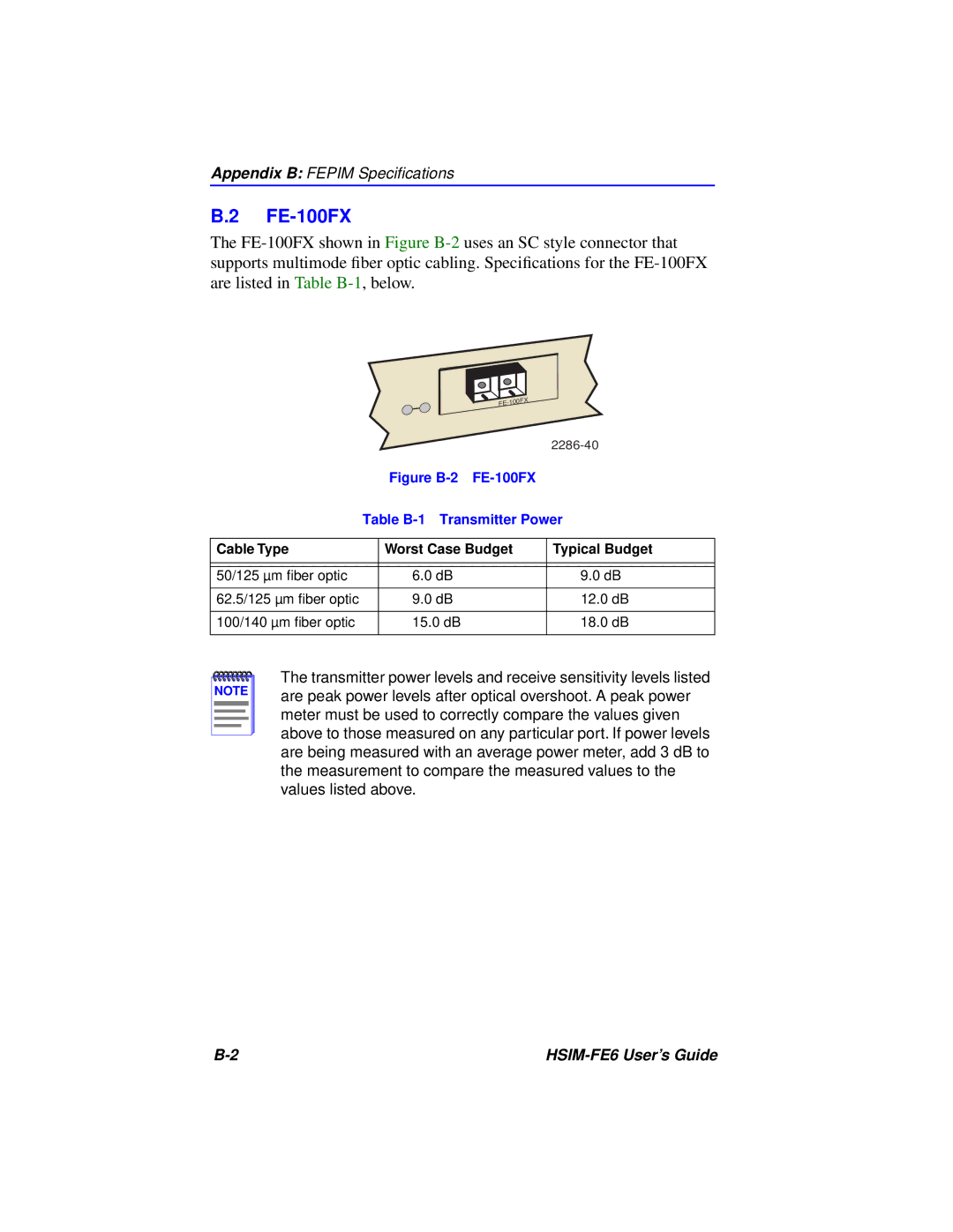 Cabletron Systems HSIM-FE6 manual Figure B-2 FE-100FX Table B-1 Transmitter Power 