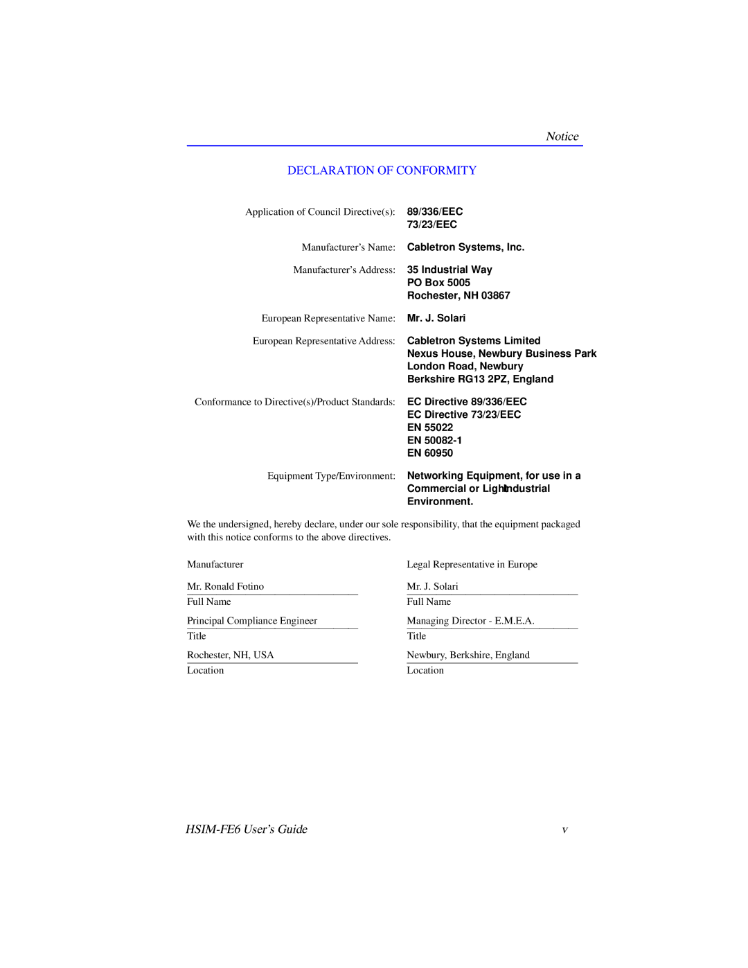 Cabletron Systems HSIM-FE6 manual Declaration of Conformity 