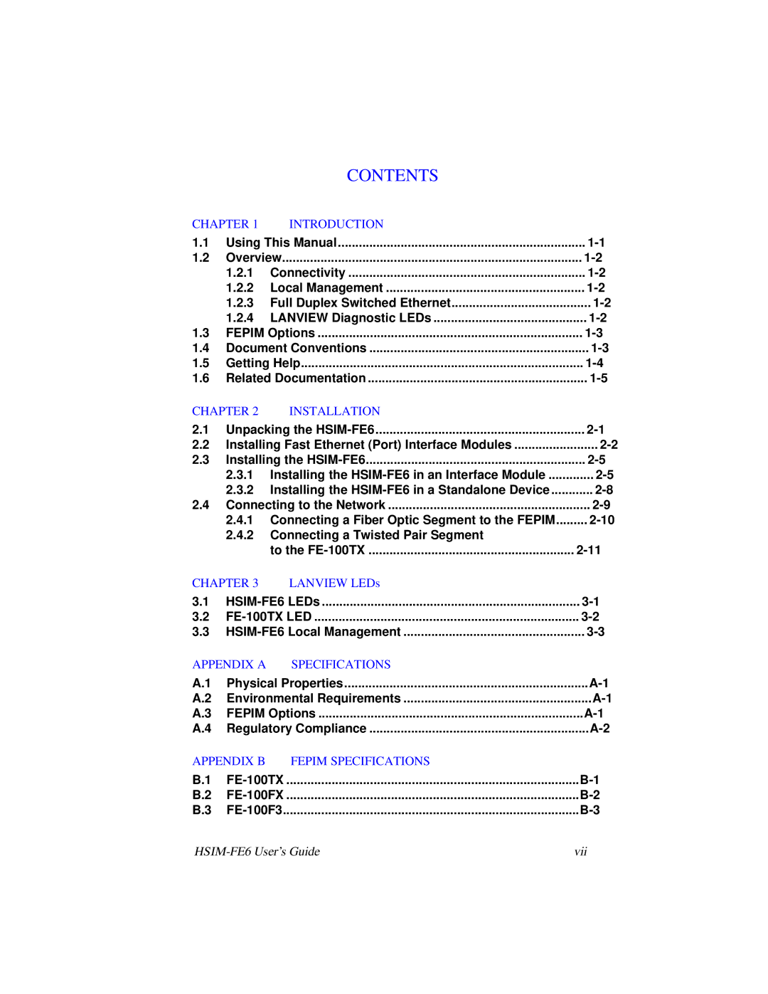 Cabletron Systems HSIM-FE6 manual Contents 