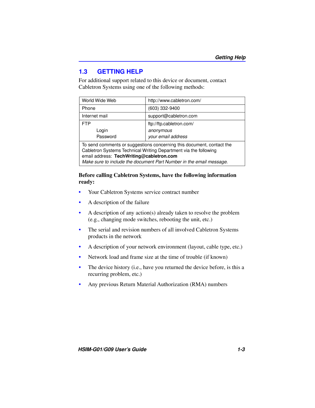 Cabletron Systems HSIM-G01 manual Getting Help, Your email address 