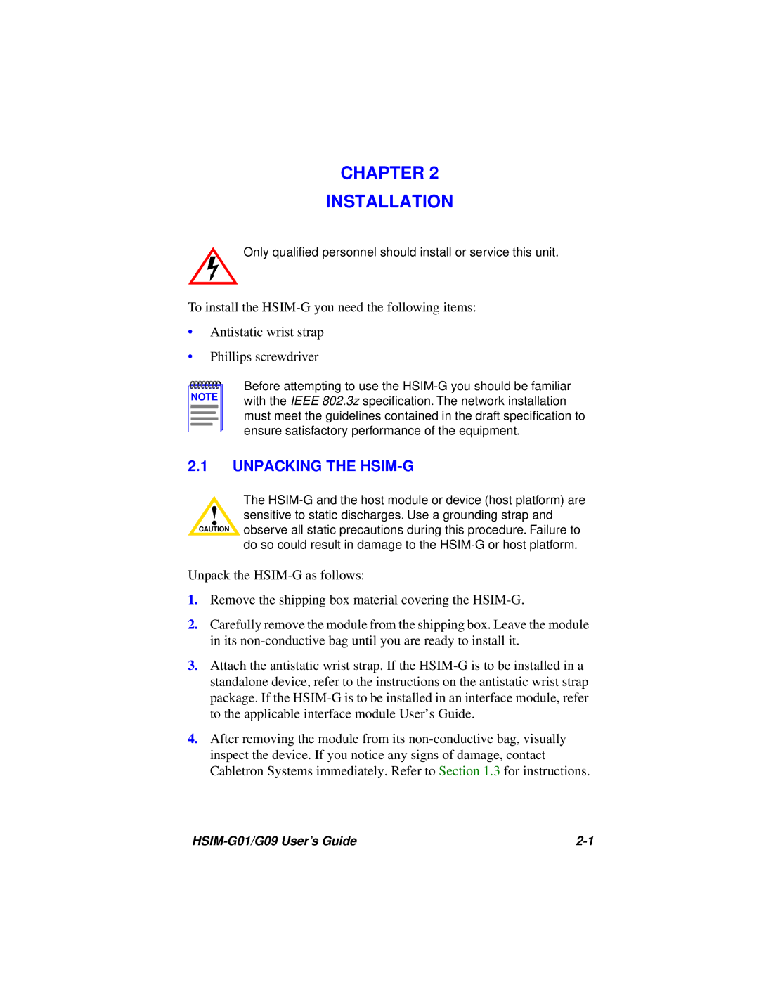 Cabletron Systems HSIM-G01 manual Chapter Installation, Unpacking the HSIM-G 