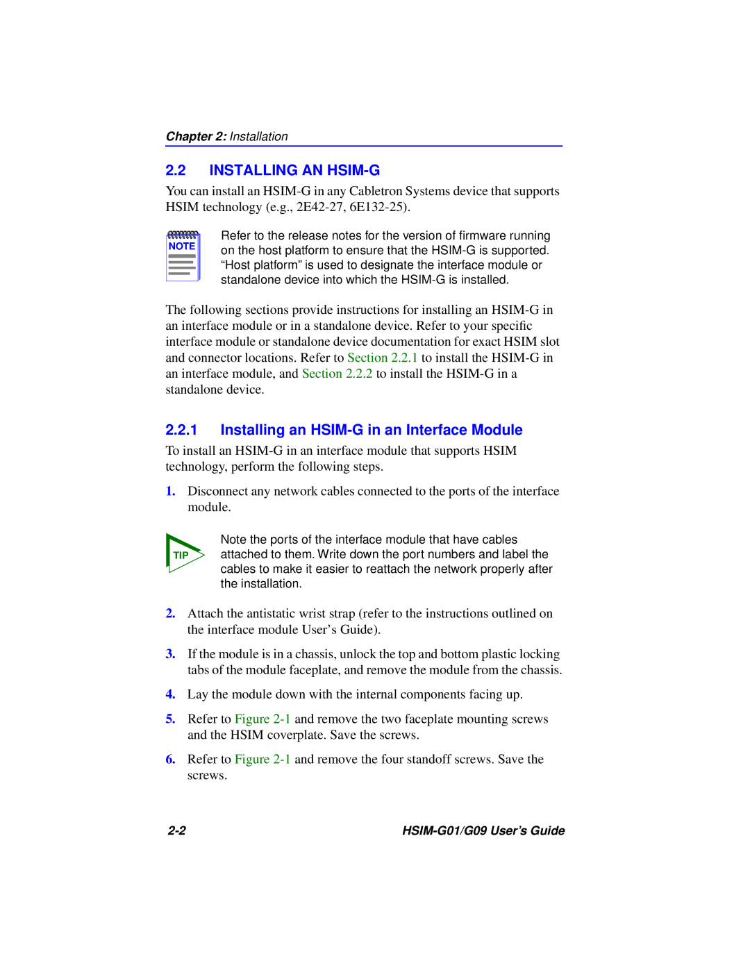 Cabletron Systems HSIM-G01 manual Installing AN HSIM-G, Installing an HSIM-G in an Interface Module 