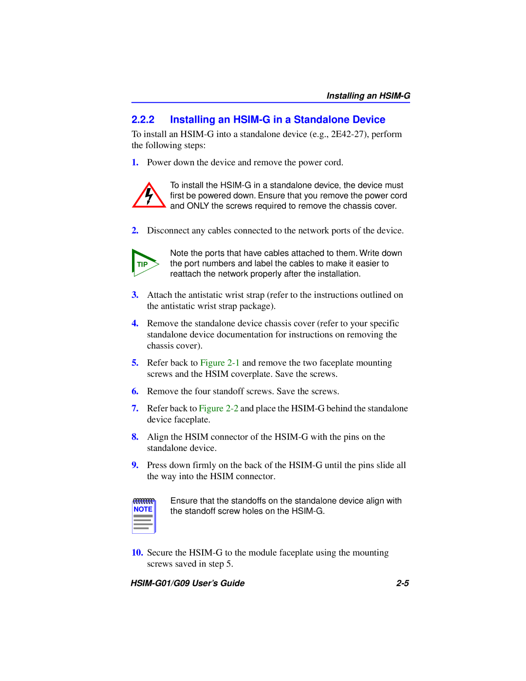 Cabletron Systems HSIM-G01 manual Installing an HSIM-G in a Standalone Device 