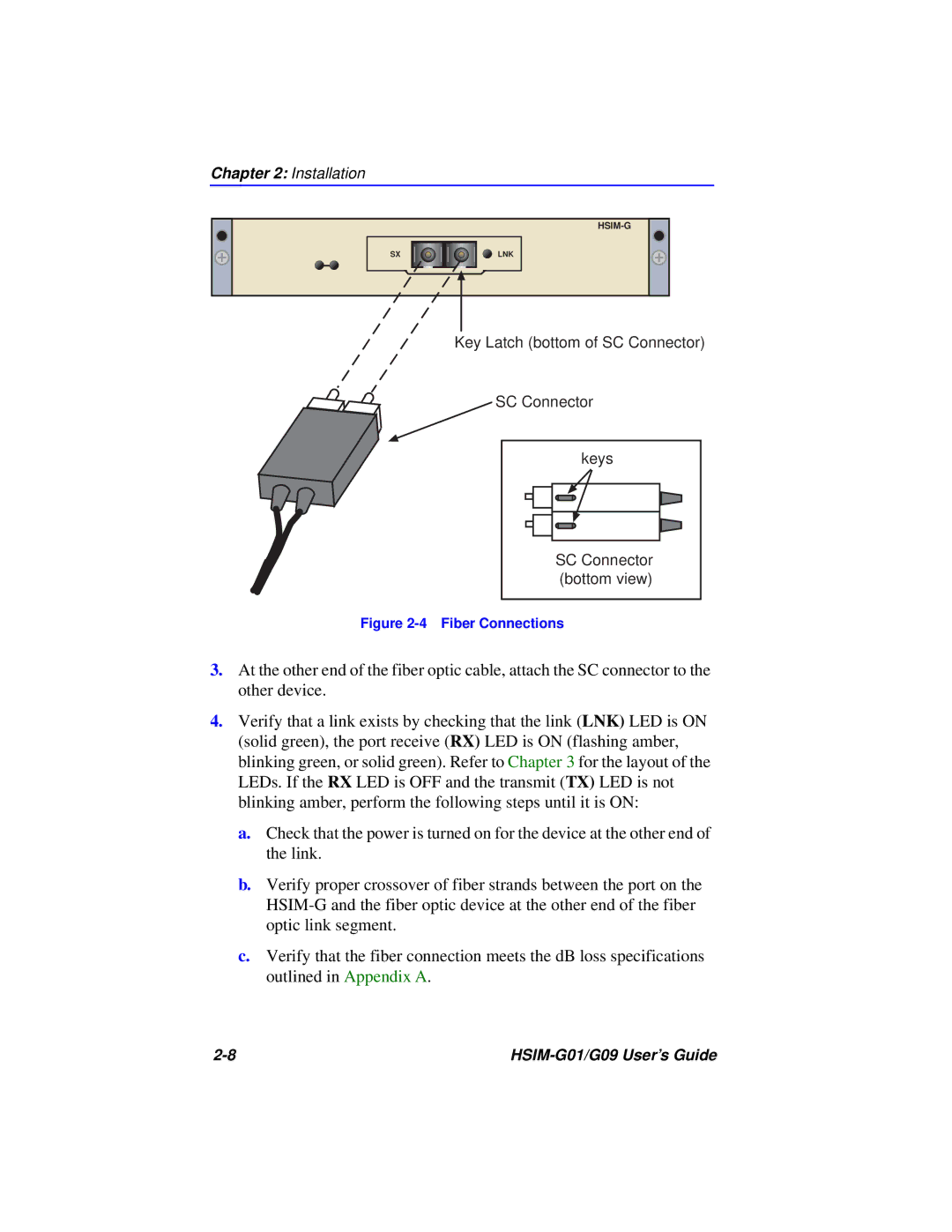 Cabletron Systems HSIM-G01 manual Key Latch bottom of SC Connector Keys Bottom view 