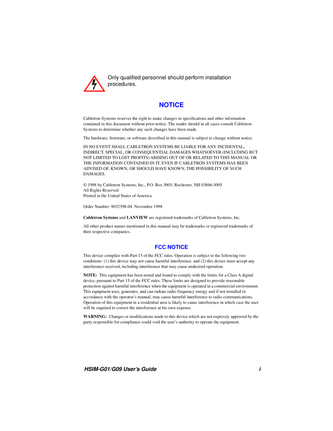 Cabletron Systems manual HSIM-G01/G09 User’s Guide 