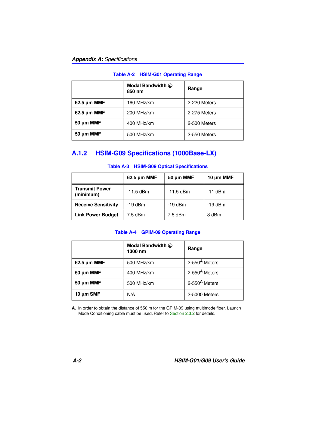 Cabletron Systems HSIM-G01 manual HSIM-G09 Speciﬁcations 1000Base-LX, Appendix a Speciﬁcations 