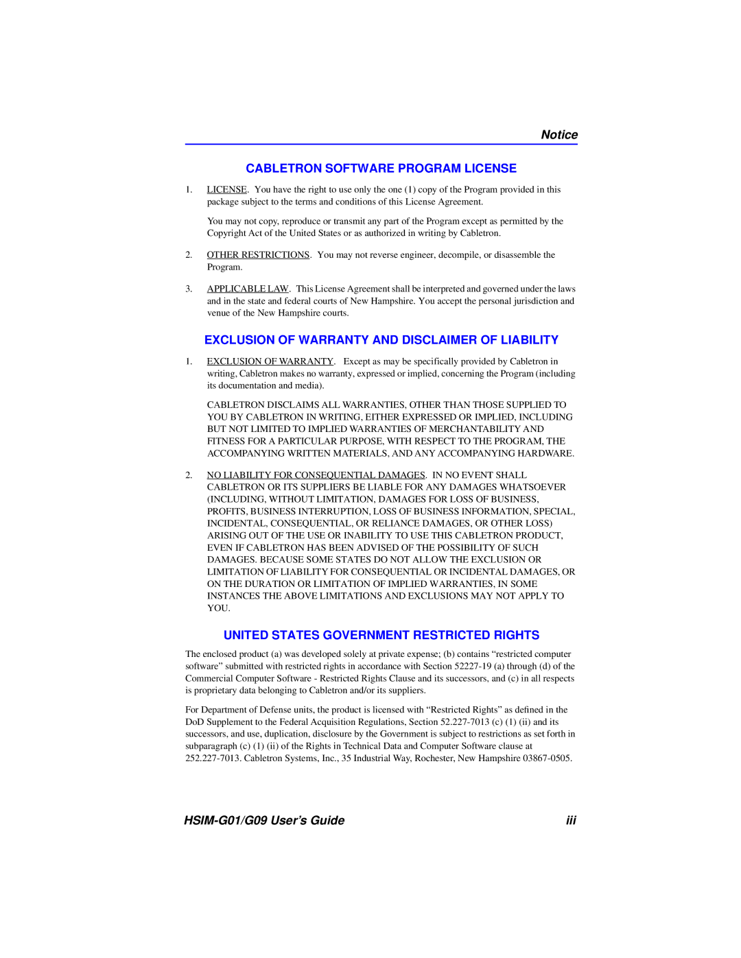 Cabletron Systems HSIM-G01 manual Cabletron Software Program License 