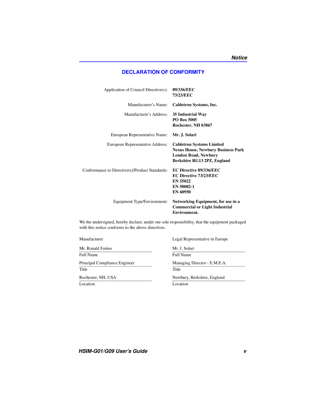 Cabletron Systems HSIM-G01 manual Declaration of Conformity 