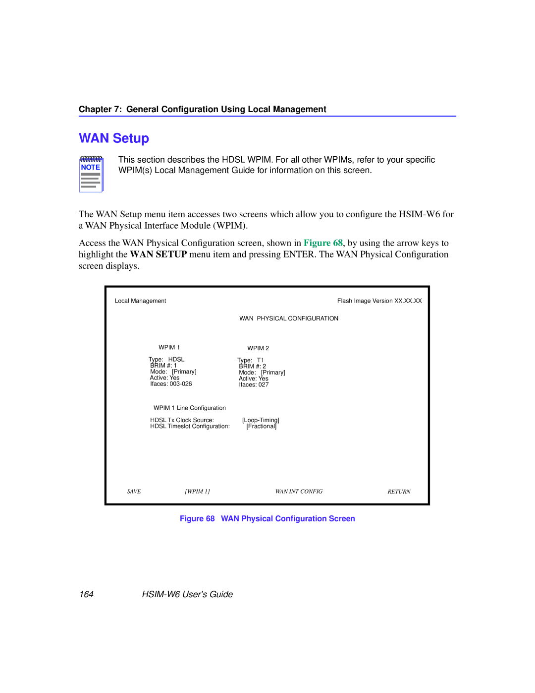 Cabletron Systems HSIM-W6 manual WAN Setup, WAN Physical Conﬁguration Screen 