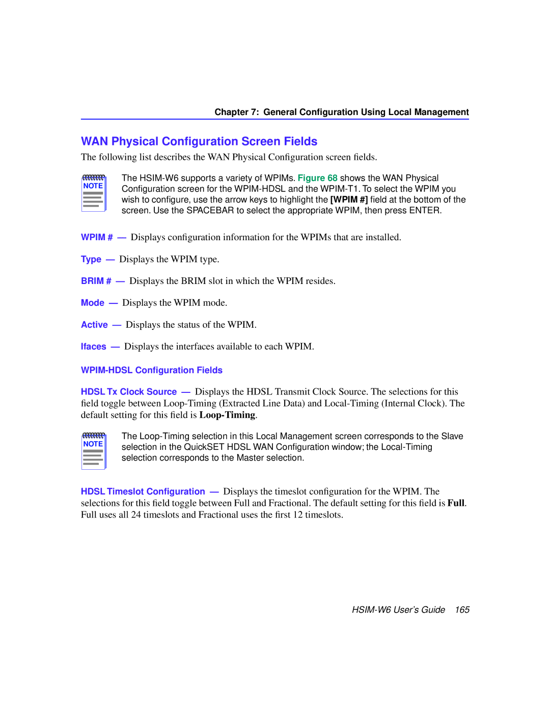 Cabletron Systems HSIM-W6 manual WAN Physical Conﬁguration Screen Fields 