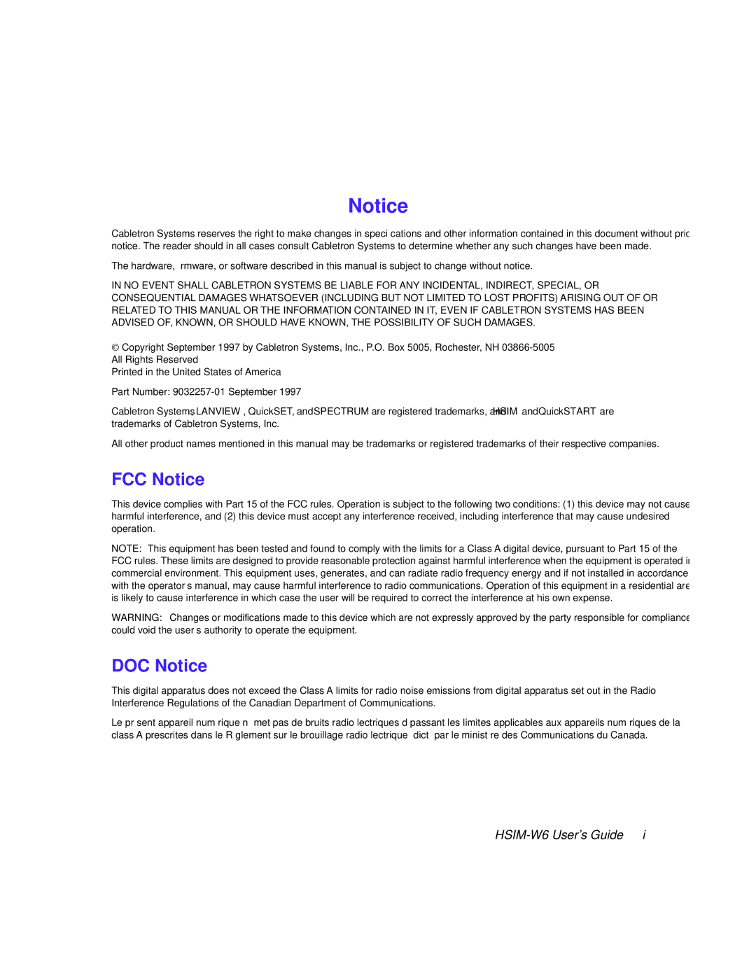 Cabletron Systems HSIM-W6 manual FCC Notice 