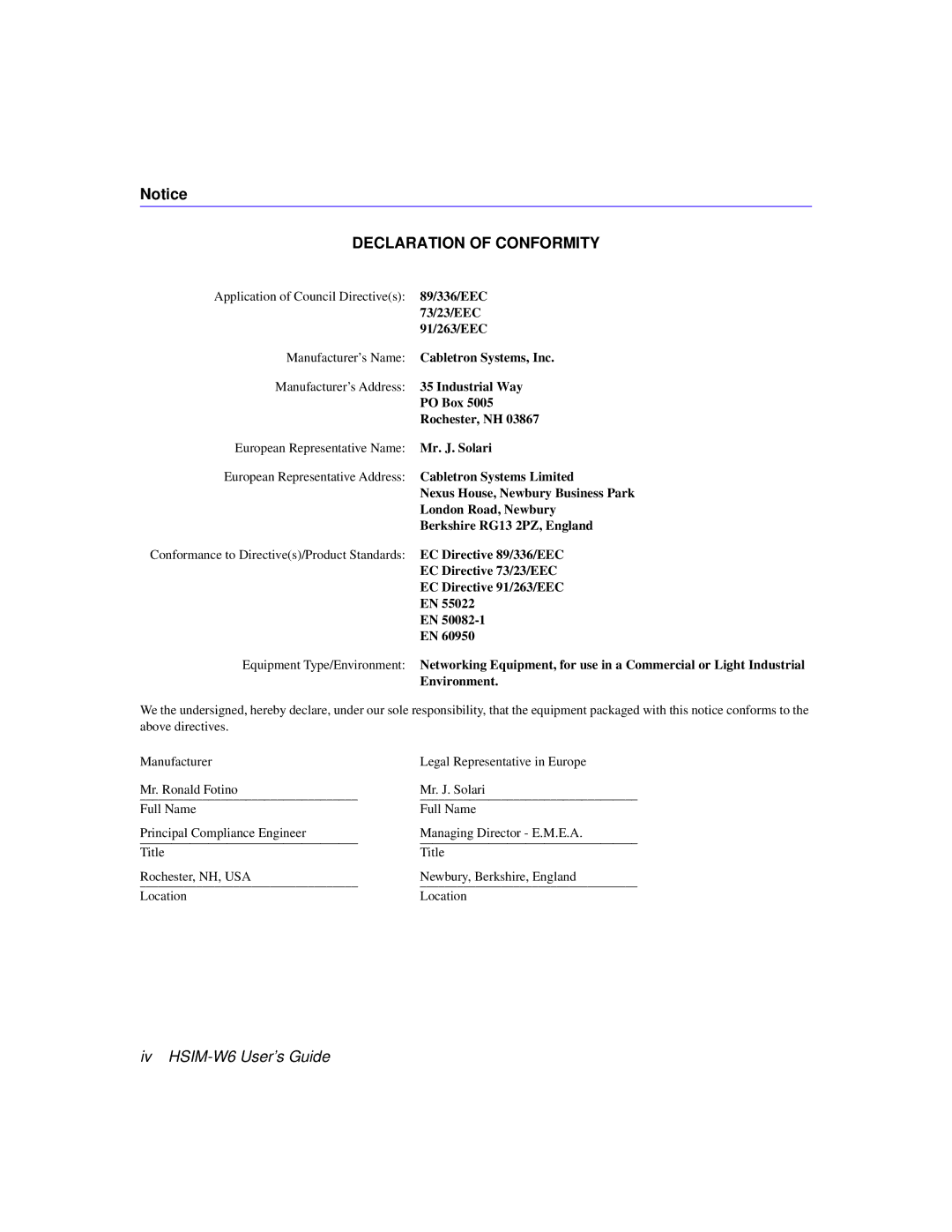 Cabletron Systems HSIM-W6 manual Declaration of Conformity 