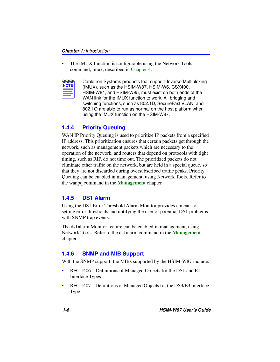 Cabletron Systems HSIM-W87 manual Priority Queuing, 1.4.5 DS1 Alarm, SNMP and MIB Support 