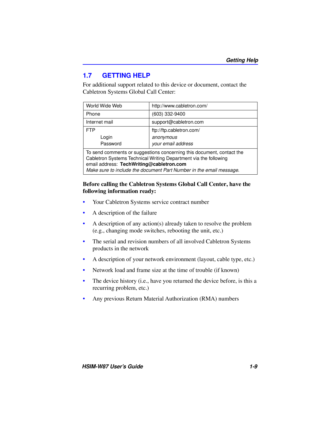 Cabletron Systems HSIM-W87 manual Getting Help 