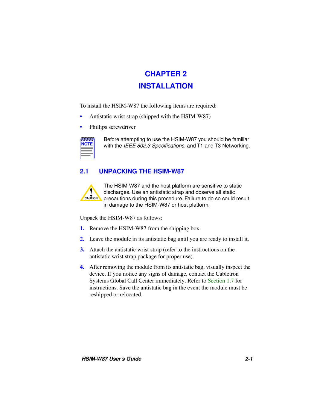 Cabletron Systems manual Chapter Installation, UNPACKING THE HSIM-W87 