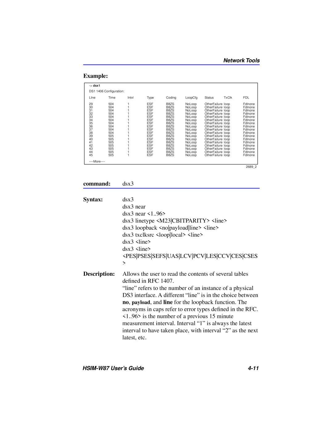 Cabletron Systems HSIM-W87 manual command dsx3, Example, Syntax dsx3 dsx3 near dsx3 near 