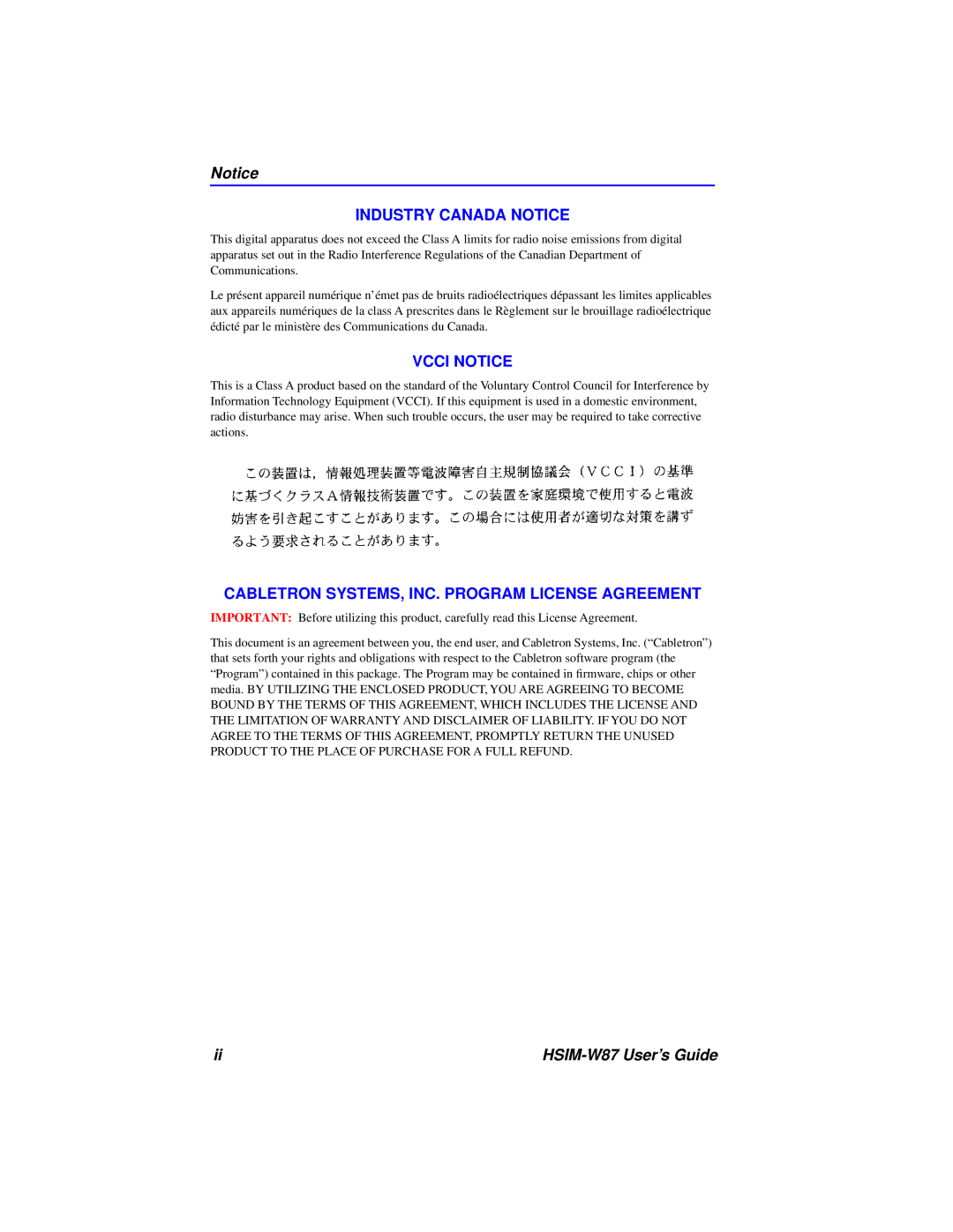 Cabletron Systems HSIM-W87 manual Industry Canada Notice, Vcci Notice, Cabletron Systems, Inc. Program License Agreement 