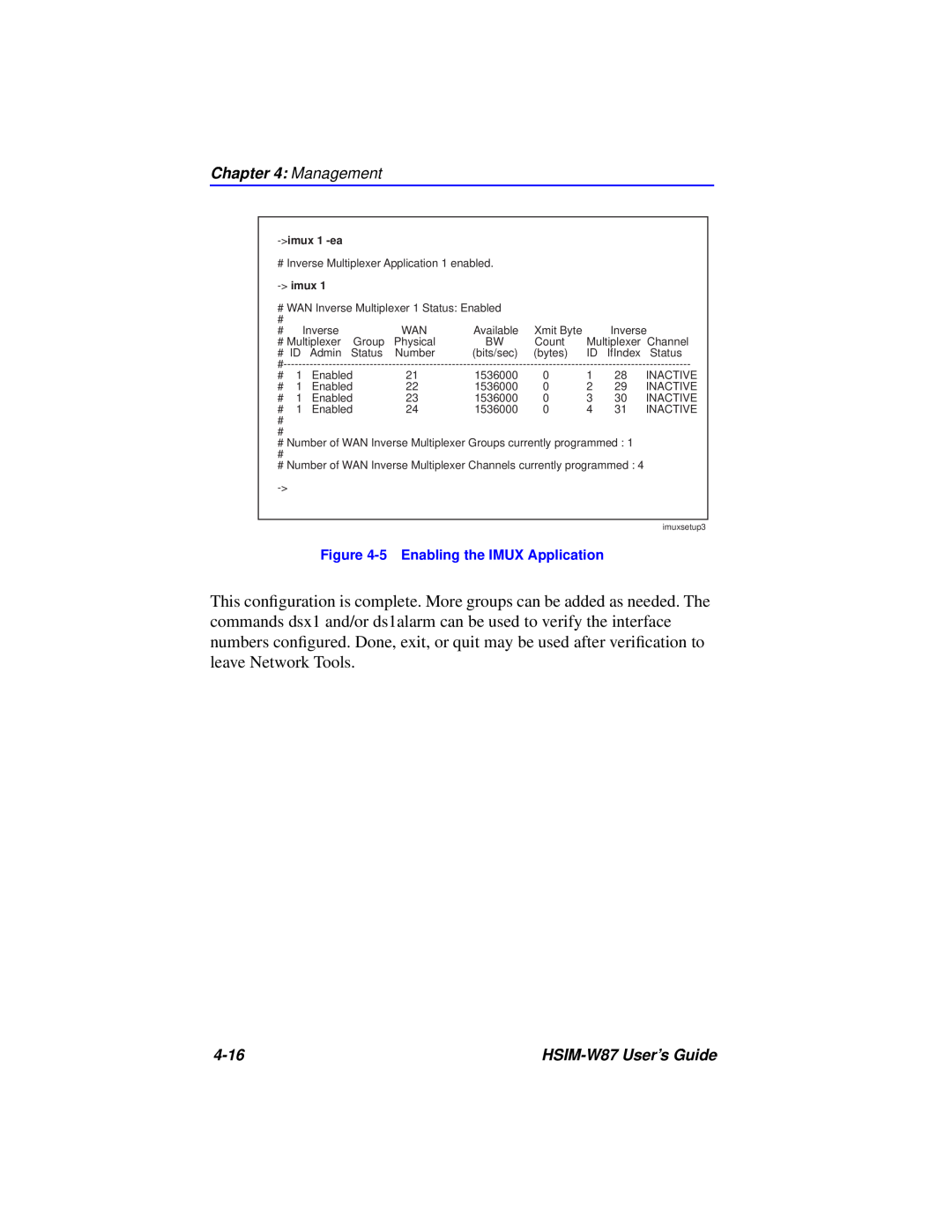 Cabletron Systems manual Management, 4-16, HSIM-W87 User’s Guide, 5 Enabling the IMUX Application, imux 1 -ea 