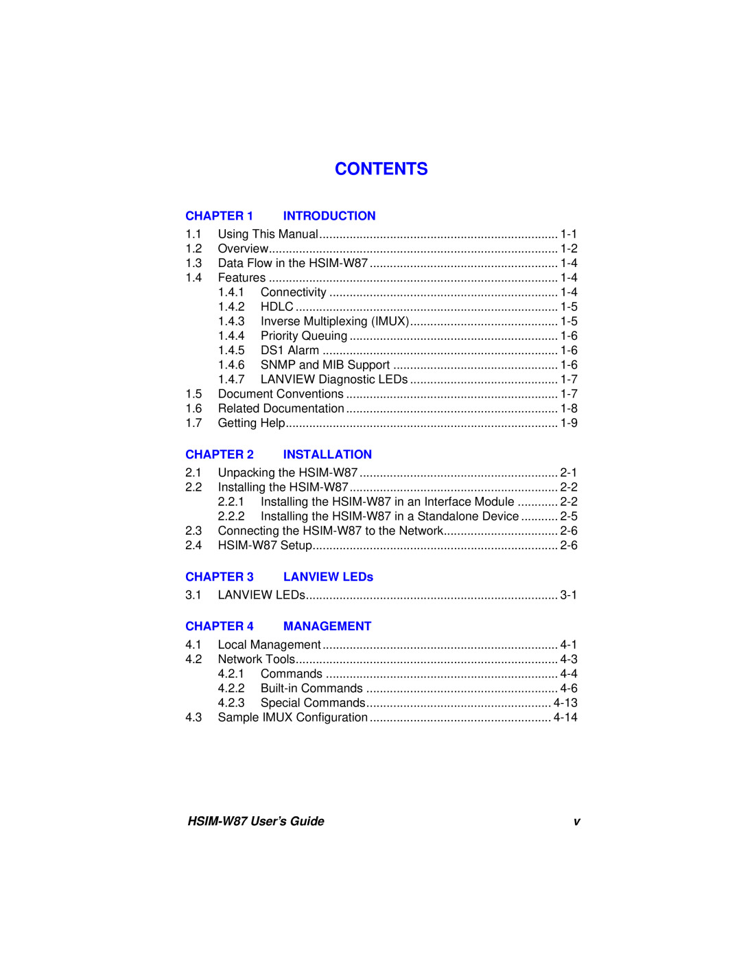 Cabletron Systems manual Contents, Chapter, Introduction, Installation, LANVIEW LEDs, Management, HSIM-W87 User’s Guide 