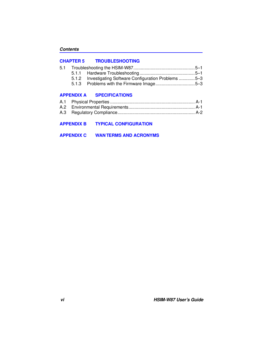 Cabletron Systems HSIM-W87 manual Contents, Chapter, Troubleshooting, Appendix A, Specifications, Appendix B 