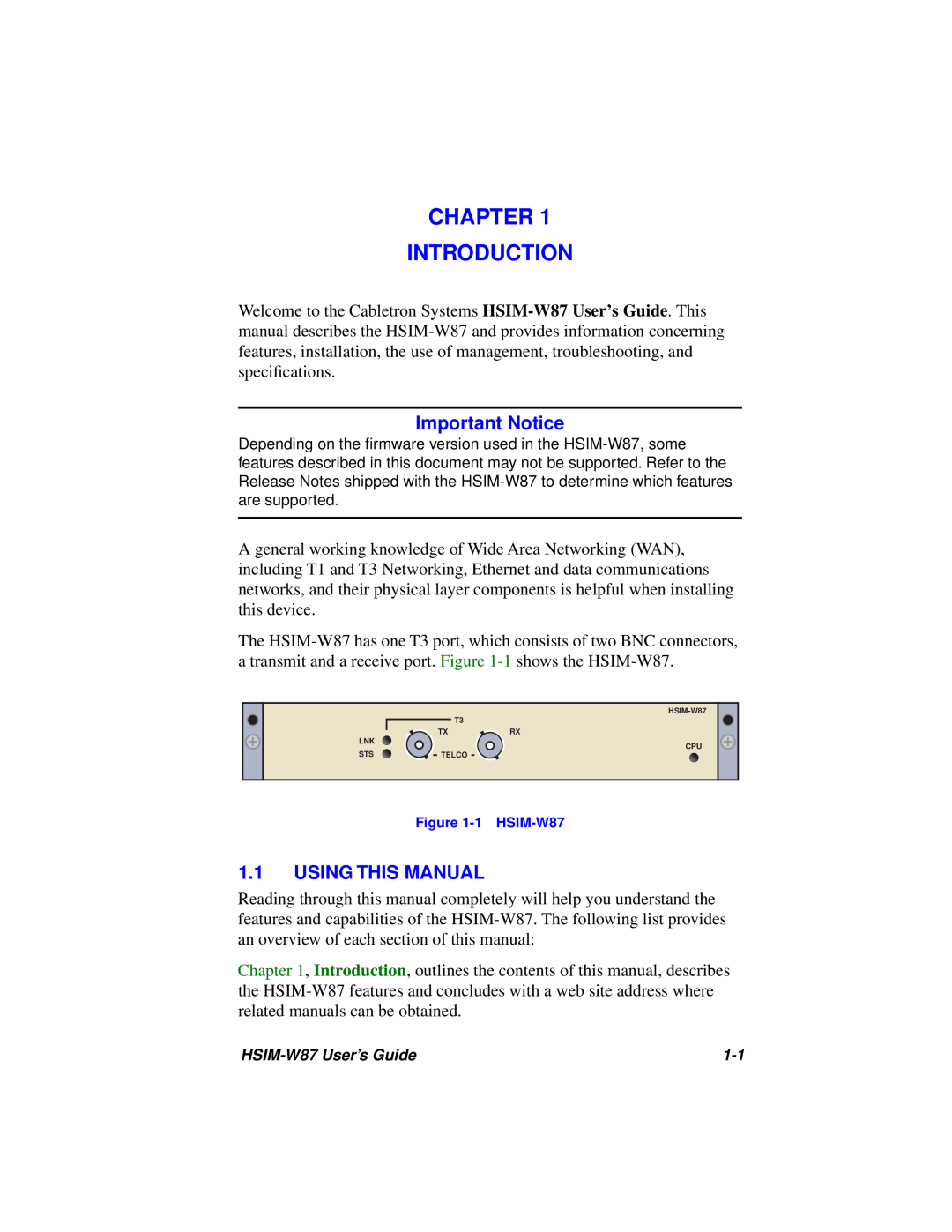Cabletron Systems HSIM-W87 manual Chapter Introduction, Important Notice, Using This Manual 
