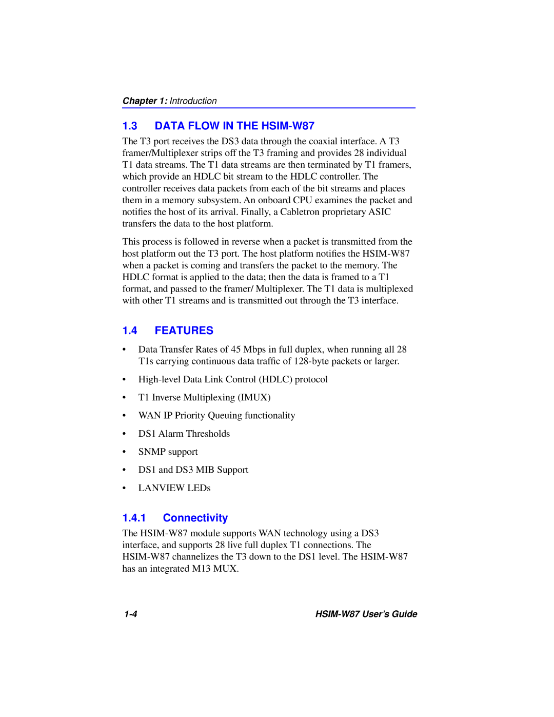 Cabletron Systems manual Data Flow in the HSIM-W87, Features, Connectivity 