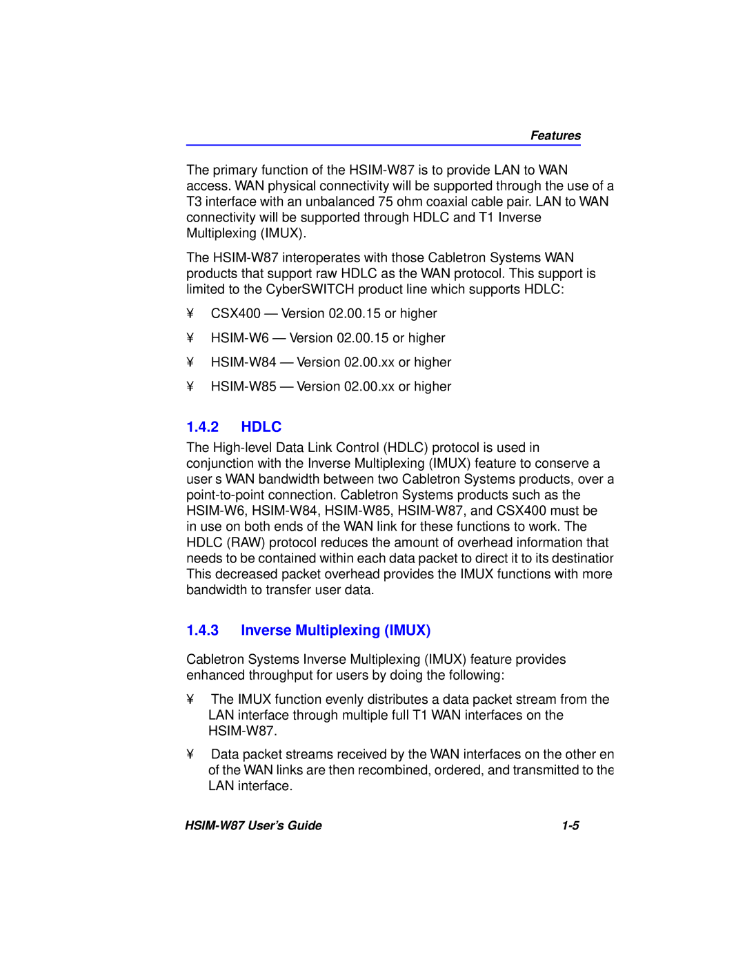 Cabletron Systems HSIM-W87 manual Hdlc, Inverse Multiplexing Imux 