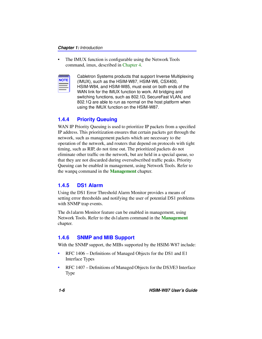 Cabletron Systems HSIM-W87 manual Priority Queuing, 5 DS1 Alarm, Snmp and MIB Support 