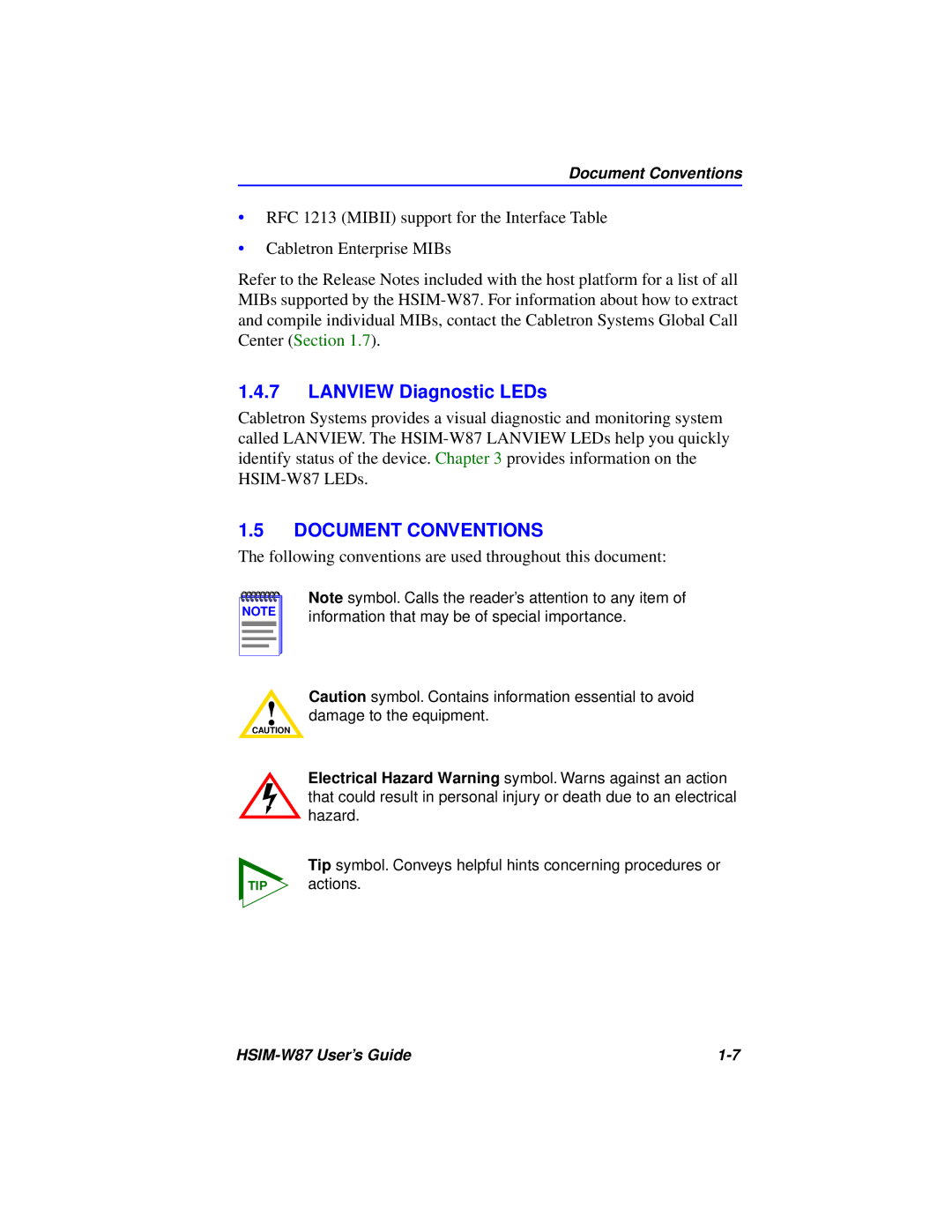 Cabletron Systems HSIM-W87 manual Lanview Diagnostic LEDs, Document Conventions 