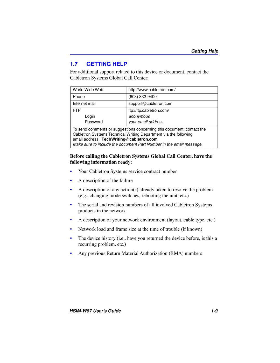 Cabletron Systems HSIM-W87 manual Getting Help, Your email address 