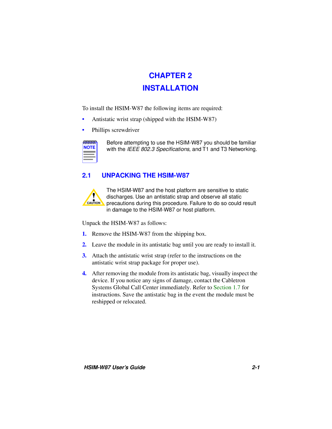 Cabletron Systems manual Chapter Installation, Unpacking the HSIM-W87 