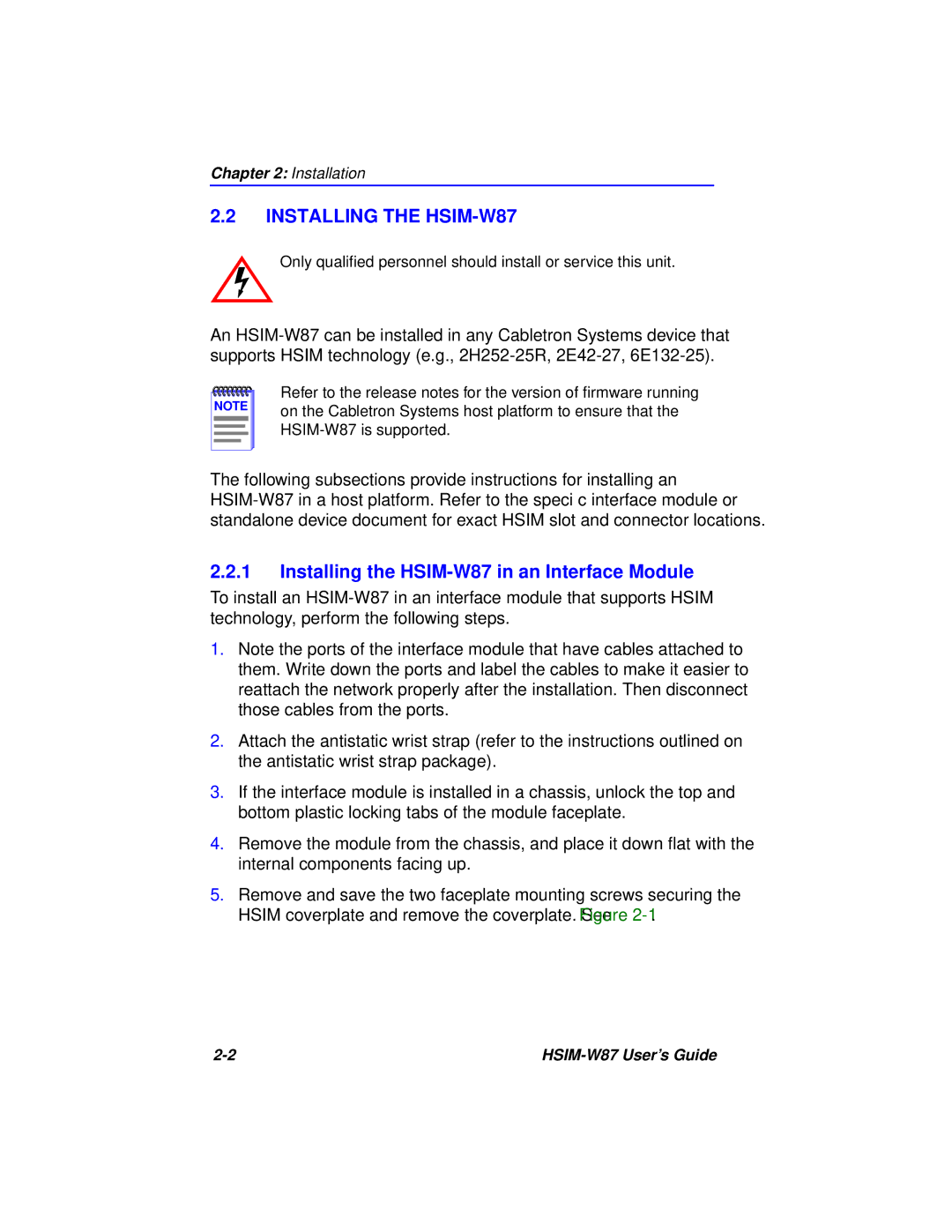 Cabletron Systems manual Installing the HSIM-W87 in an Interface Module 