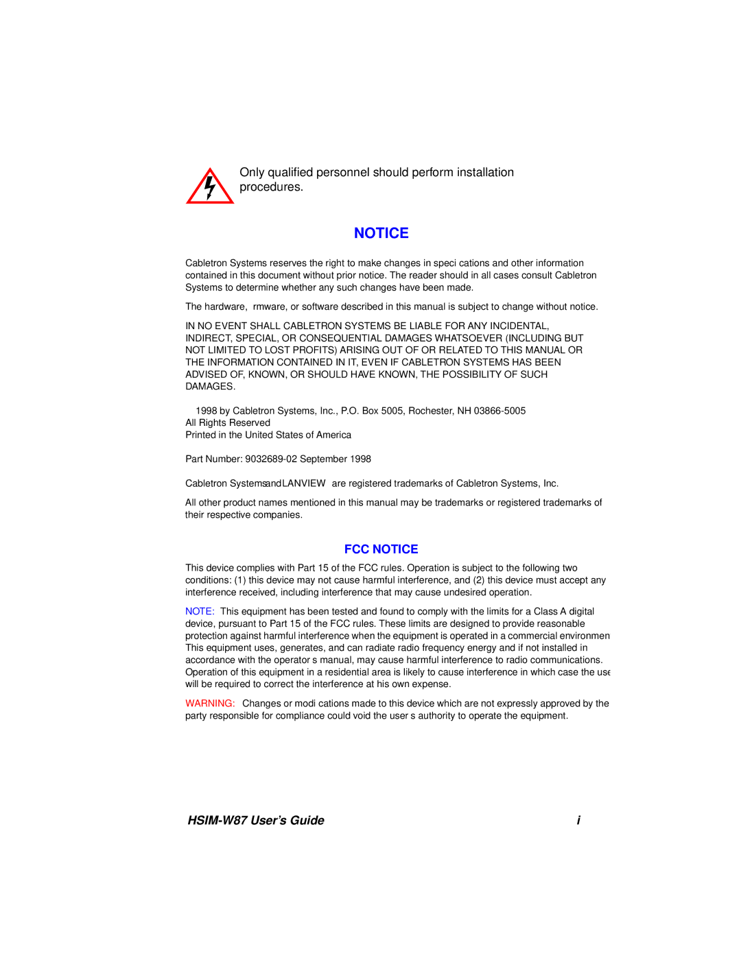 Cabletron Systems manual HSIM-W87 User’s Guide 