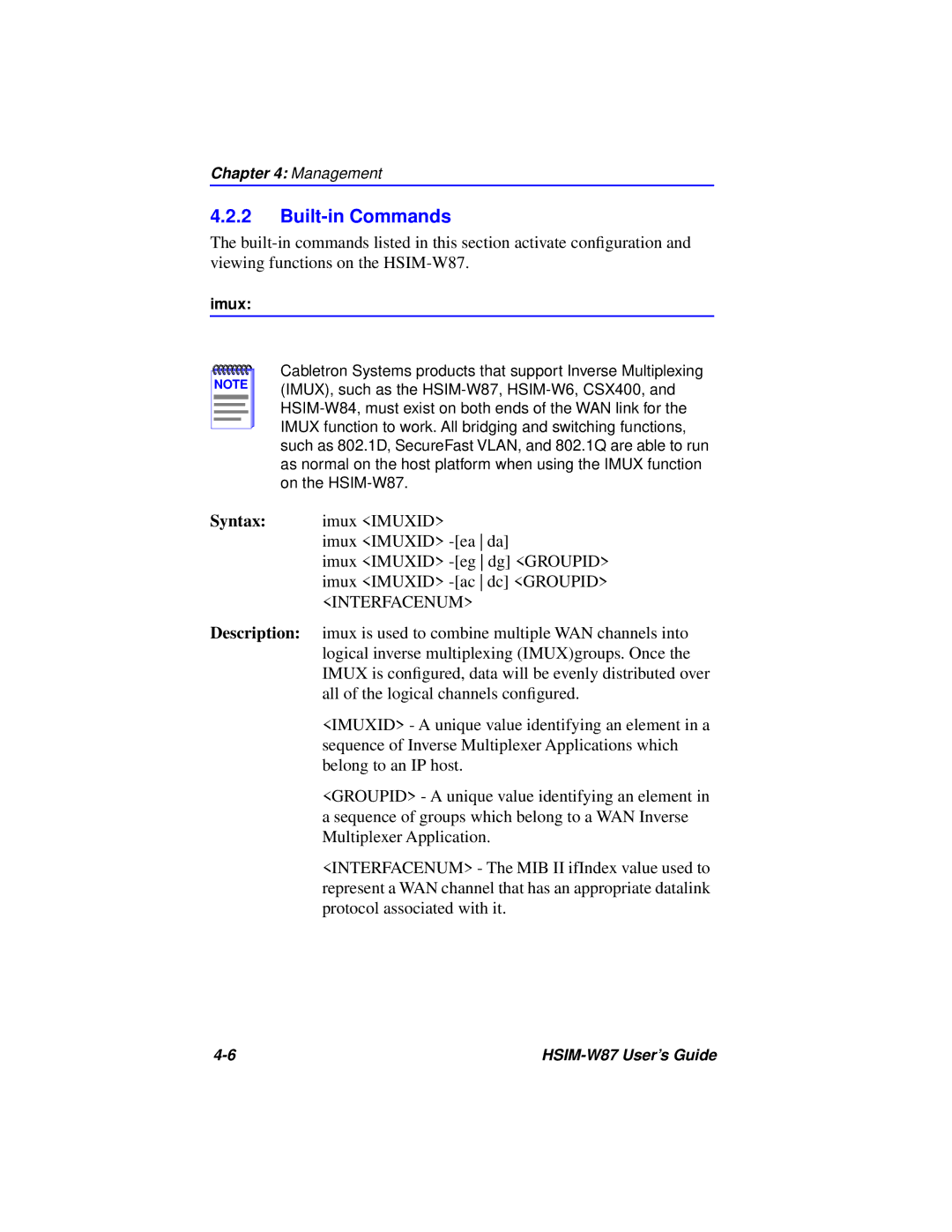 Cabletron Systems HSIM-W87 manual Built-in Commands, Imux 