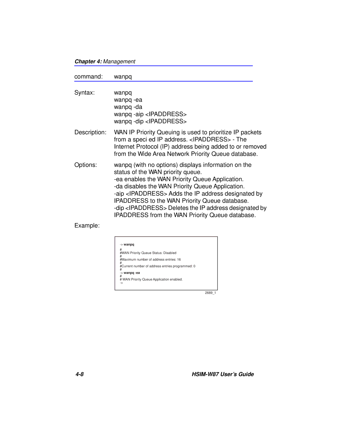 Cabletron Systems HSIM-W87 manual Command wanpq, Wanpq 