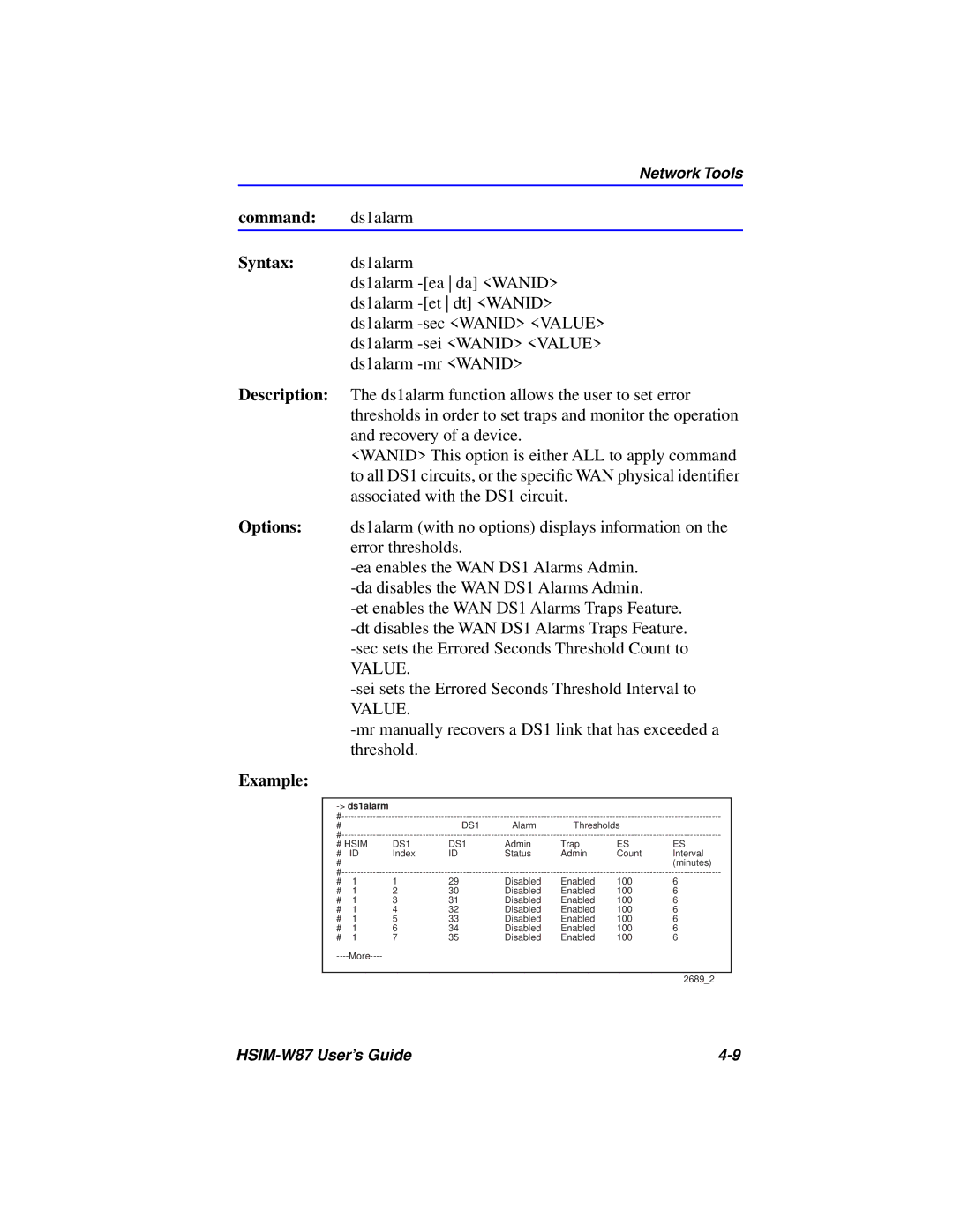 Cabletron Systems HSIM-W87 manual Command ds1alarm Syntax ds1alarm, Ds1alarm 