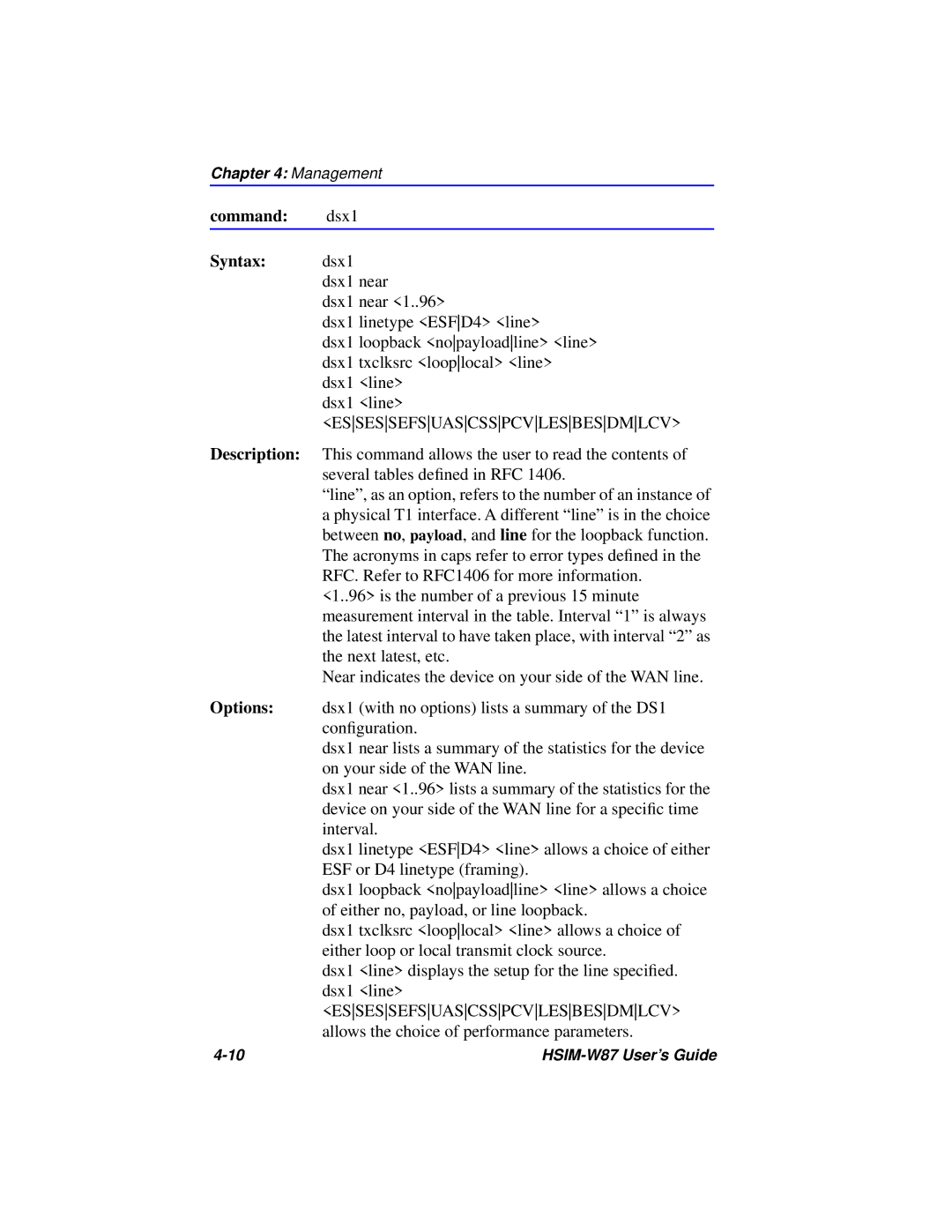 Cabletron Systems HSIM-W87 manual Command dsx1 