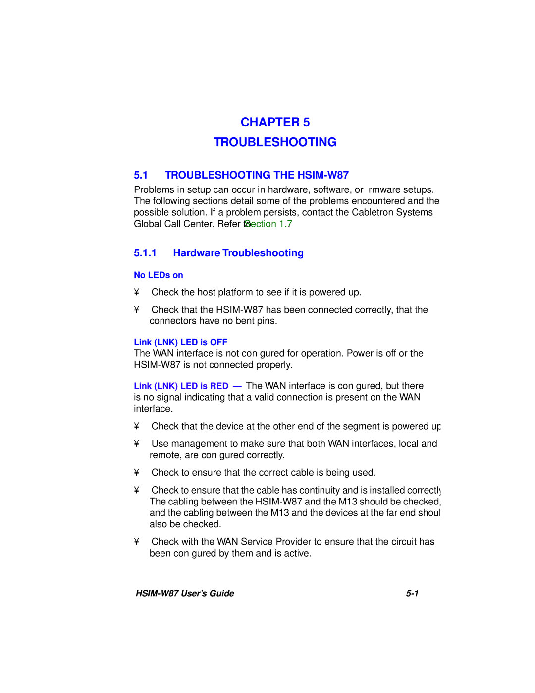 Cabletron Systems manual Chapter Troubleshooting, Troubleshooting the HSIM-W87, Hardware Troubleshooting 