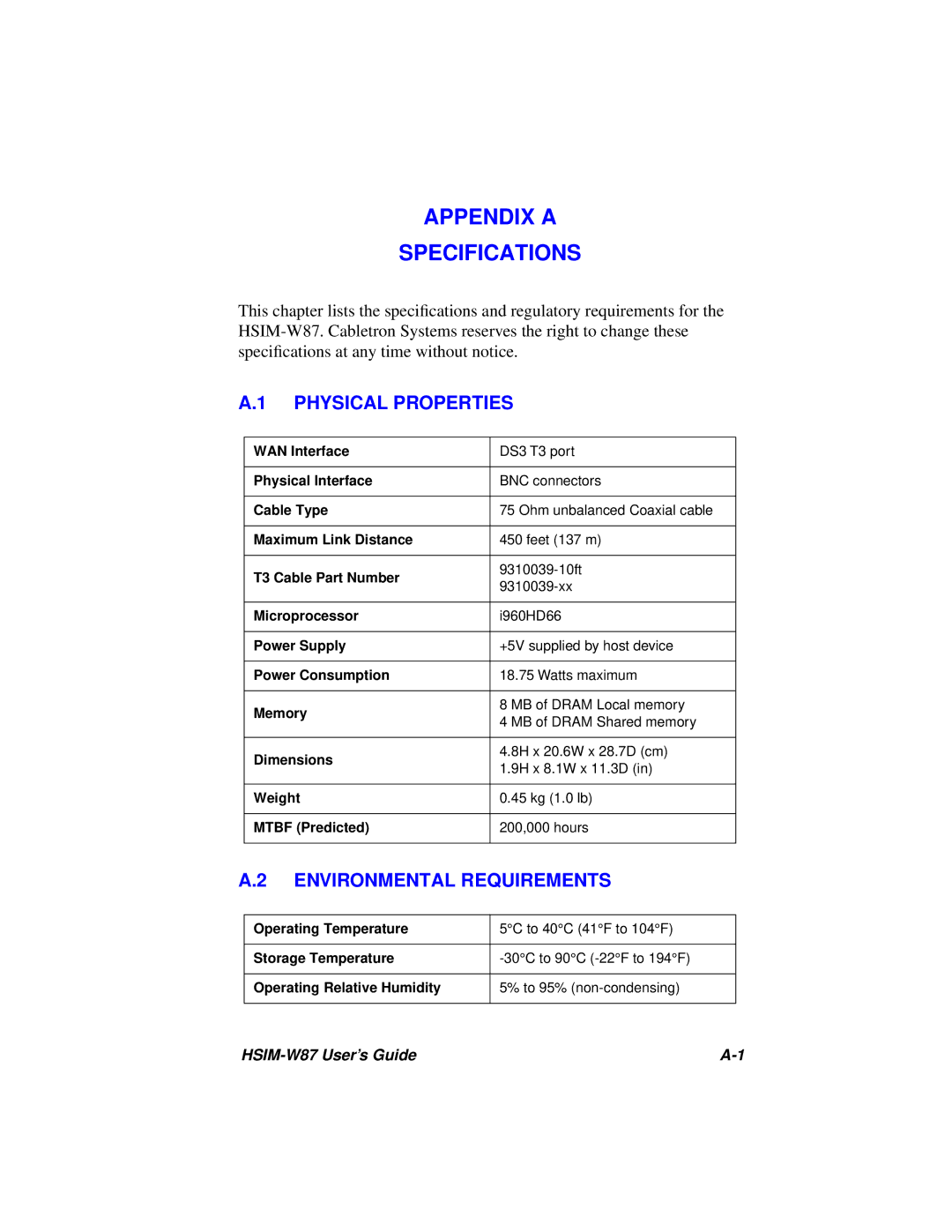 Cabletron Systems HSIM-W87 manual Appendix a Specifications, Physical Properties, Environmental Requirements 