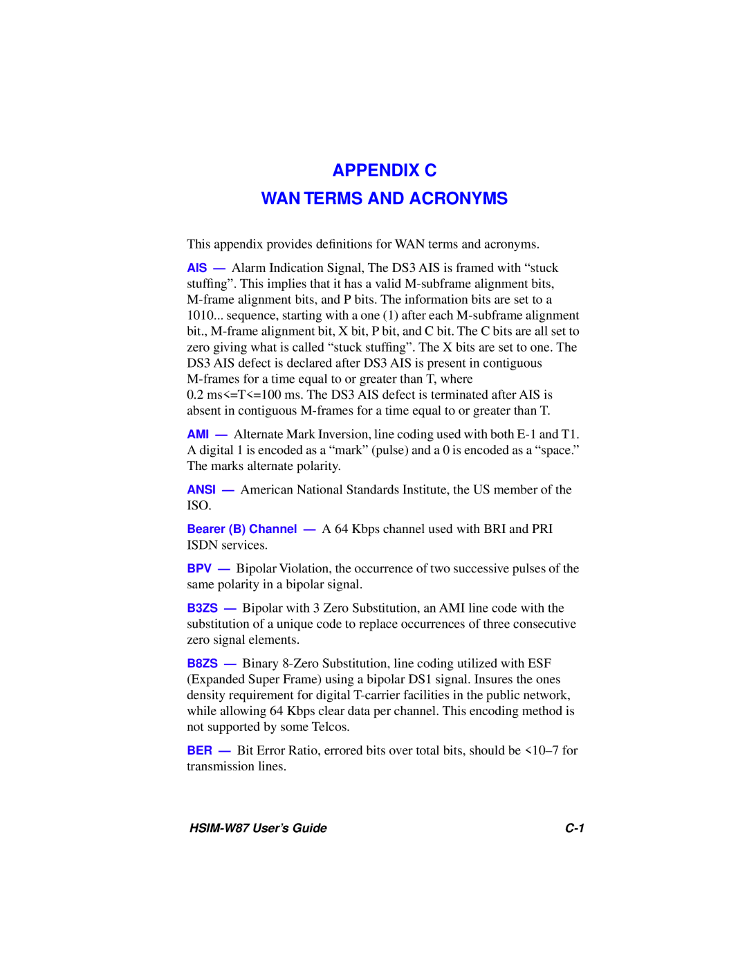 Cabletron Systems HSIM-W87 manual Appendix C WAN Terms and Acronyms 