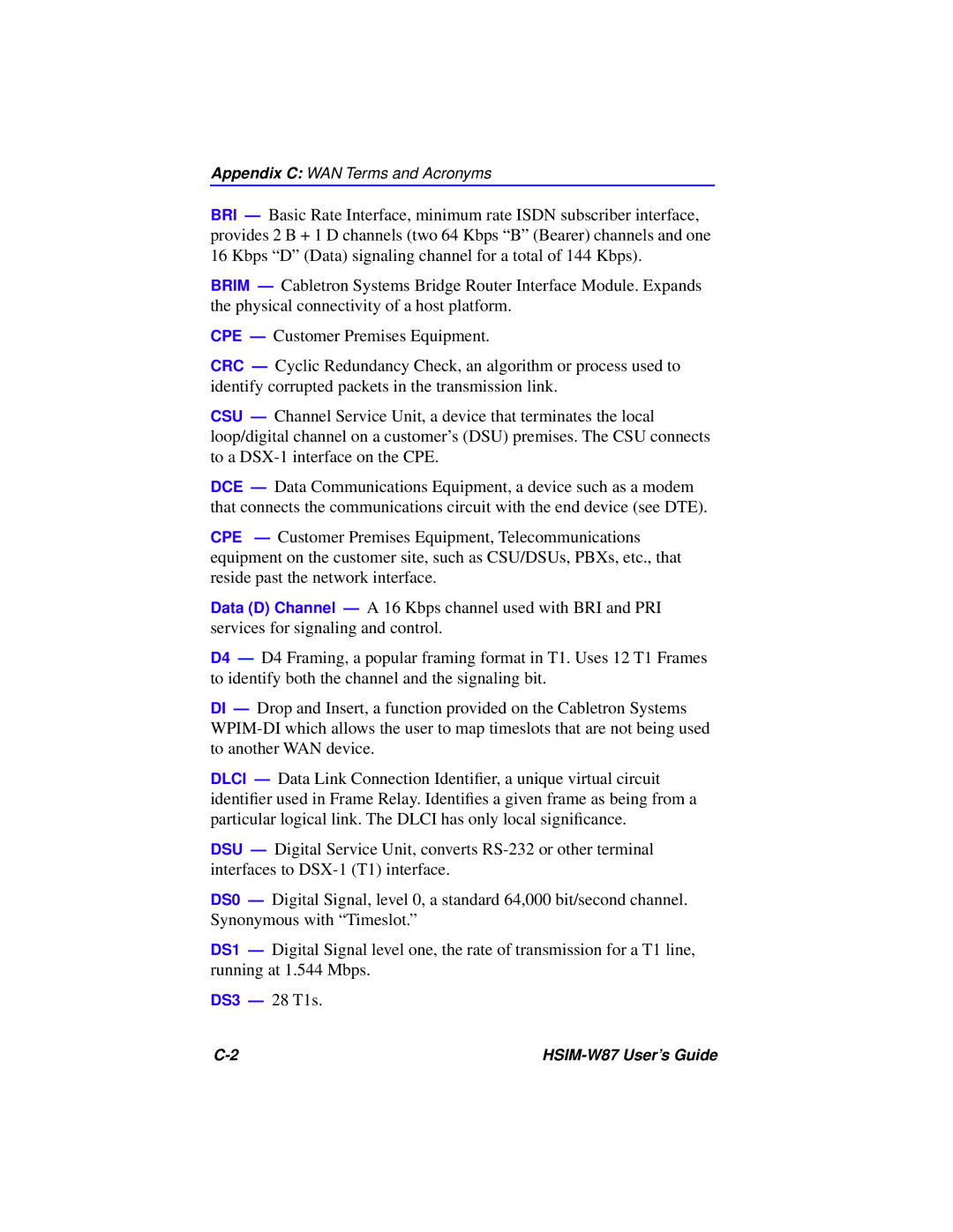 Cabletron Systems HSIM-W87 manual Appendix C WAN Terms and Acronyms 