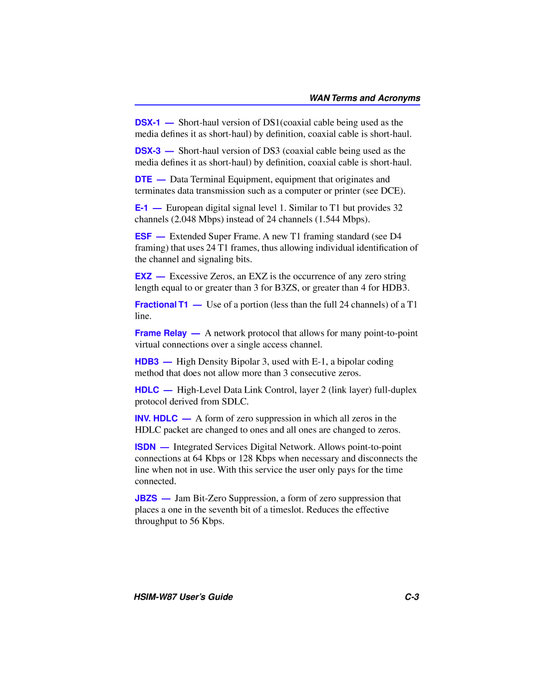 Cabletron Systems HSIM-W87 manual WAN Terms and Acronyms 