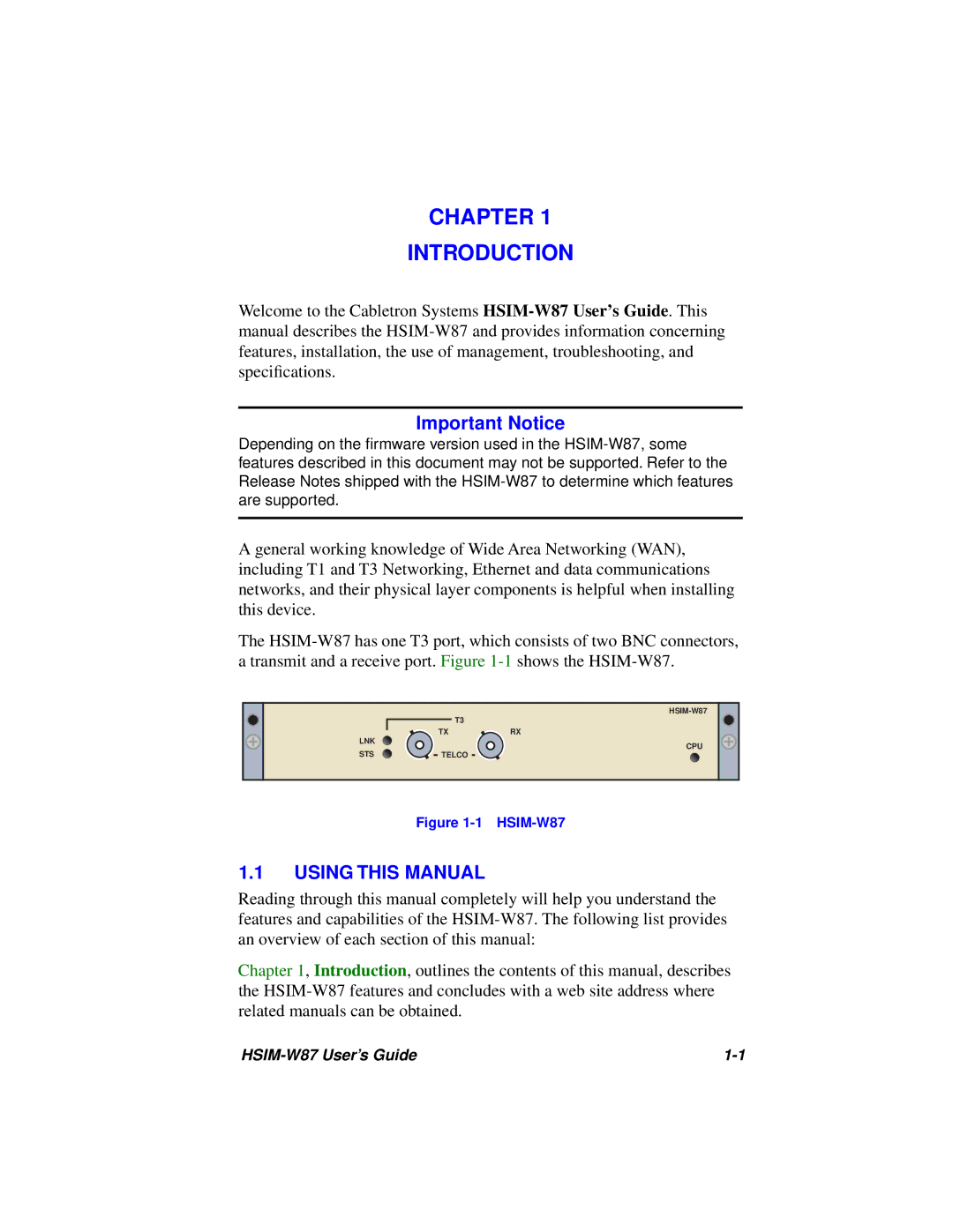 Cabletron Systems HSIM-W87 manual Chapter Introduction, Important Notice, Using this Manual 