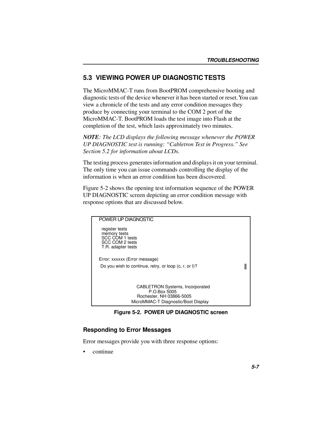 Cabletron Systems MICROMMAC-22T, 42T manual Viewing Power UP Diagnostic Tests, Responding to Error Messages 